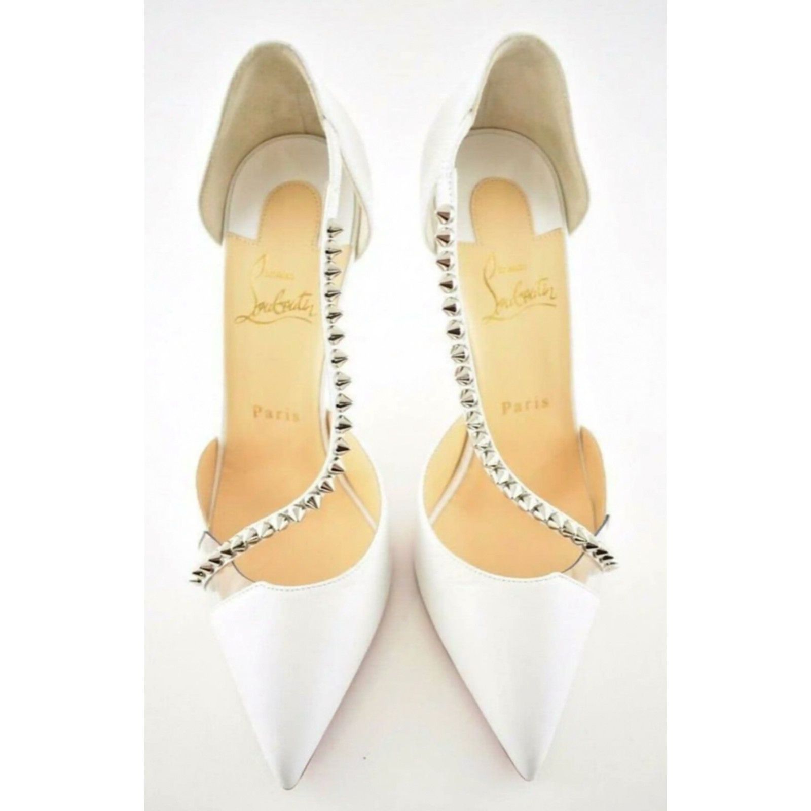 Christian Louboutin Spike Cross 100 White PVC Silver Criss Strap Heel Pump 42 Size US 12 / IT 42 - 7 Thumbnail