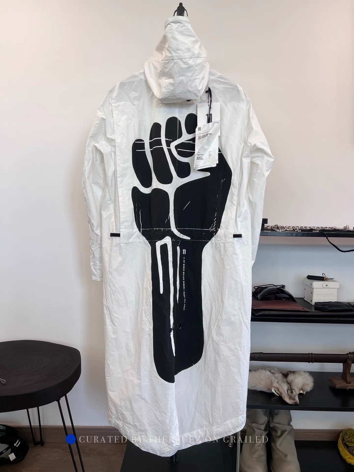 11 By Boris Bidjan Saberi White Hooded Long Raincoat with Fist Print Size US M / EU 48-50 / 2 - 1 Thumbnail