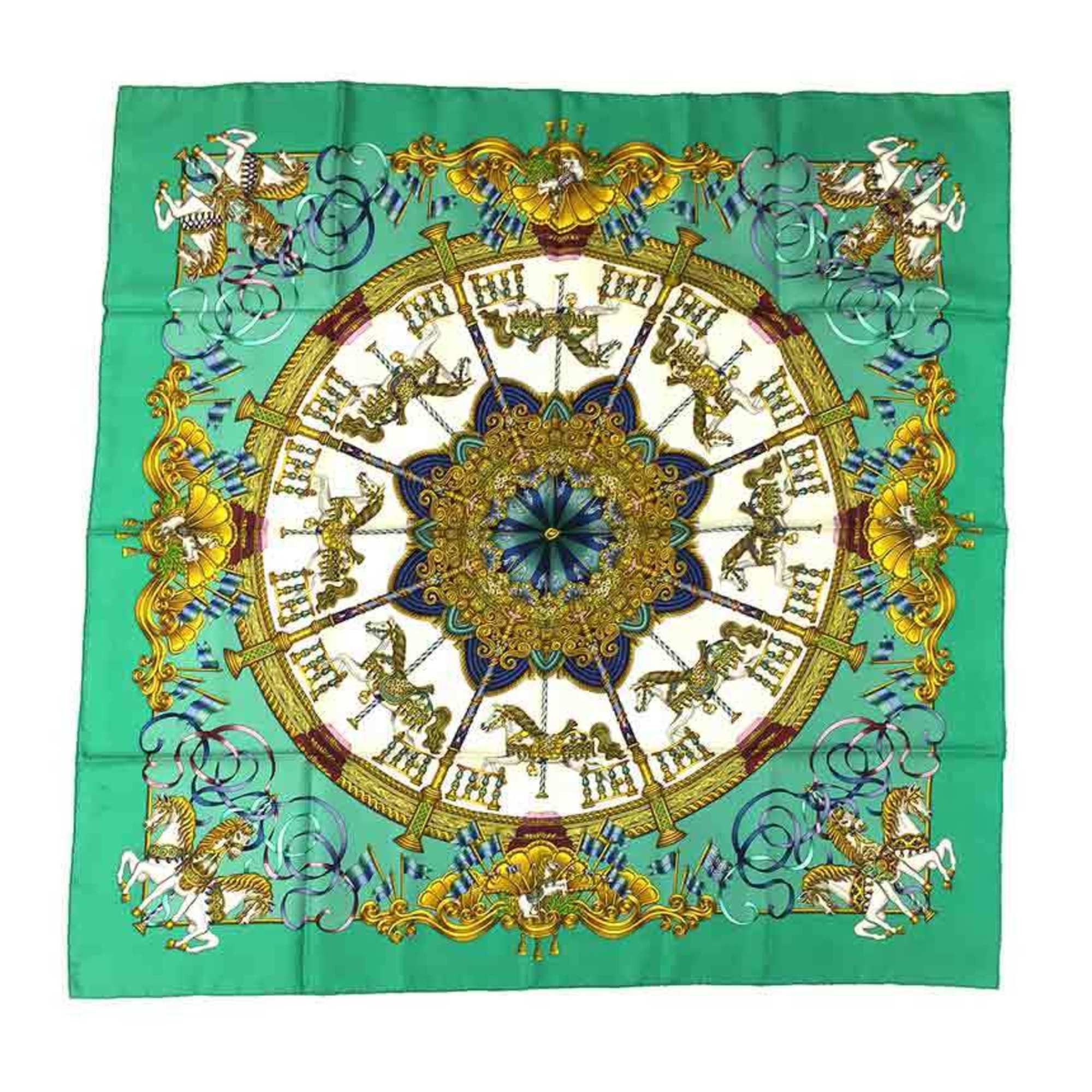 image of Hermes Carre 90 Scarf Muffler Luna Park Amusement Park Carousel Embroidery Green 100% Silk Hermes A