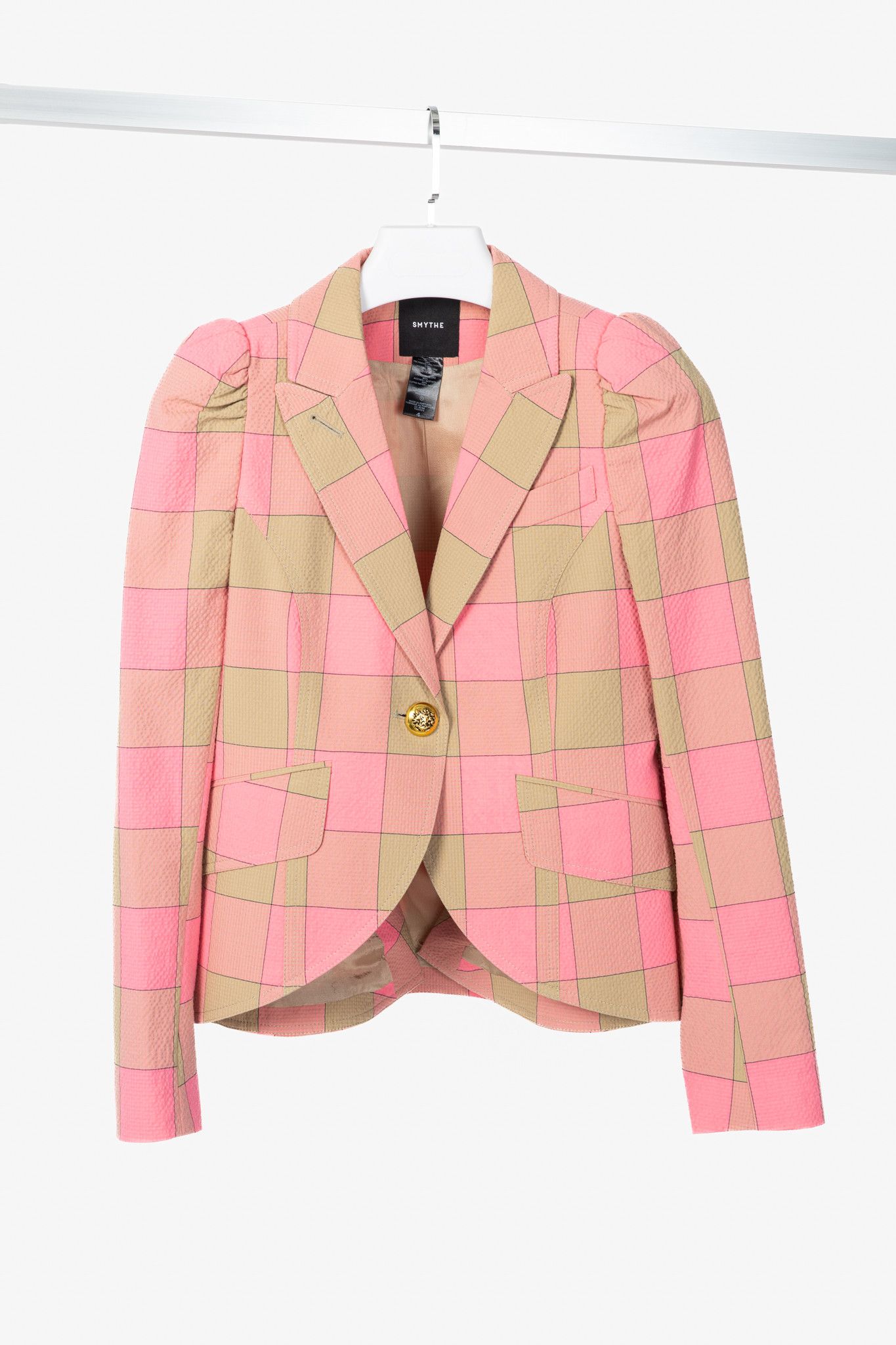 SMYTHE Smythe Pink Check Seersucker Pouf Sleeve One Button Blazer Size S / US 4 / IT 40 - 1 Thumbnail