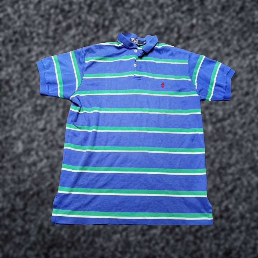 VINTAGE Polo Ralph Lauren Shirt Men Large Blue Striped Slim Fit Made In USA Distressed Button Short Sleeve Cotton 100% Logo Embroidered