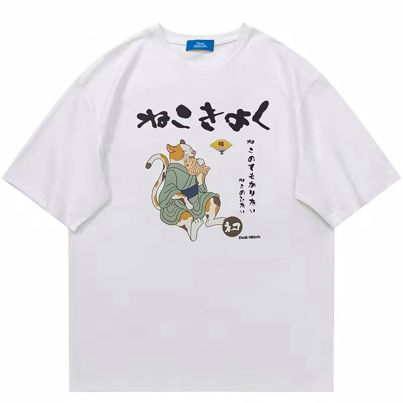 Cartoon Anime Japanese Cat Fish Print T Shirt