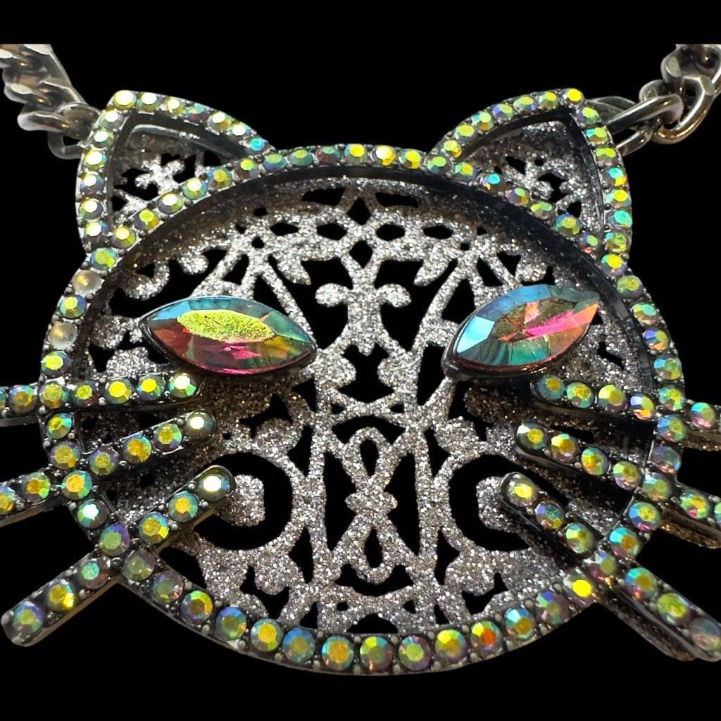 Betsey Johnson BETSY JOHNSON Jewelry Dark Magic Green Blue Eye Black Cat Rhinestone Glitter Sparkly Necklace Size ONE SIZE - 1 Thumbnail