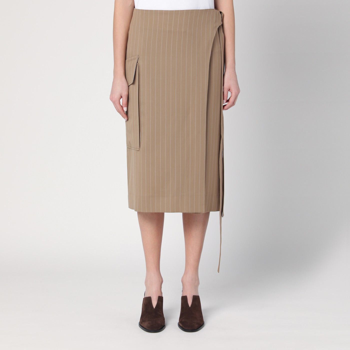 Victoria Beckham Victoria Beckham Sand-Coloured Pinstriped Wrap Skirt Size 27" / US 4 / IT 40 - 1 Thumbnail