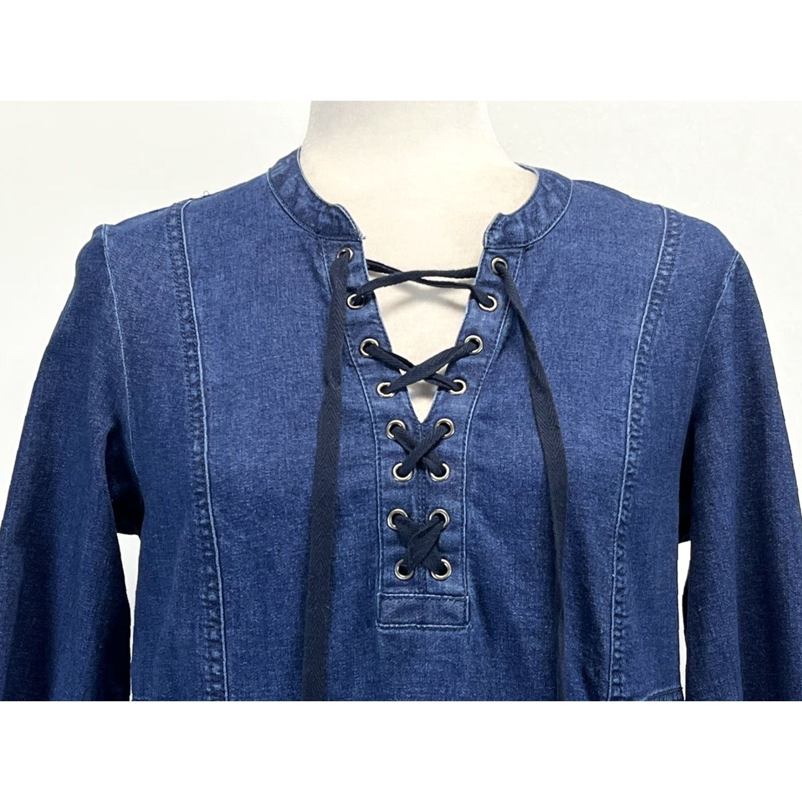 J. Jill J. Jill Denim Dress Small Petite VGUC RAW Hem Lace Up Front 3/4 Sleeves Stretch Color Blue? (Note: Questionable) Size S / US 4 / IT 40 - 5 Thumbnail