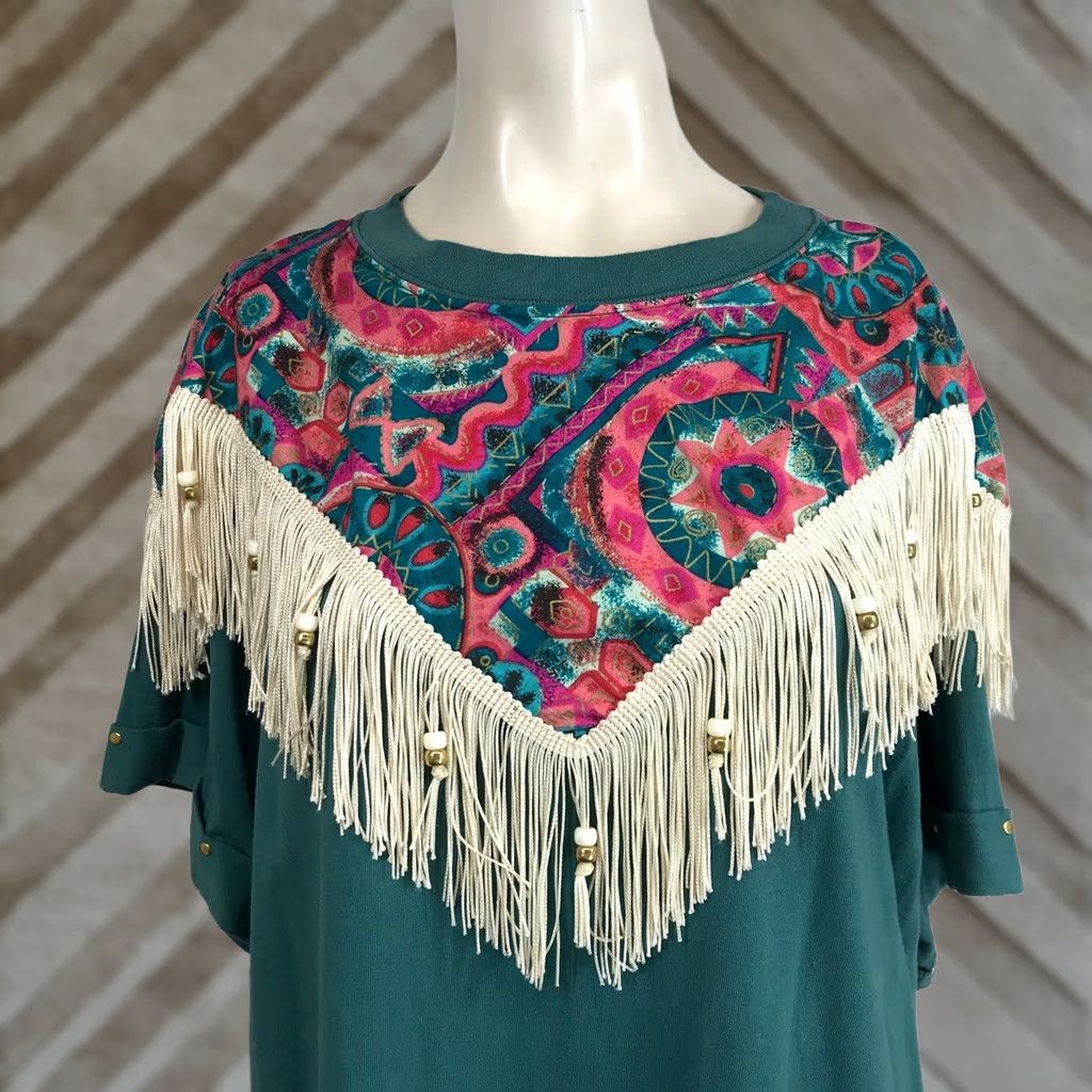 Altea Hazelwoods Women Teal Aztec Southwest Fringe Boho Shirt XL Size XL / US 12-14 / IT 48-50 - 1 Thumbnail