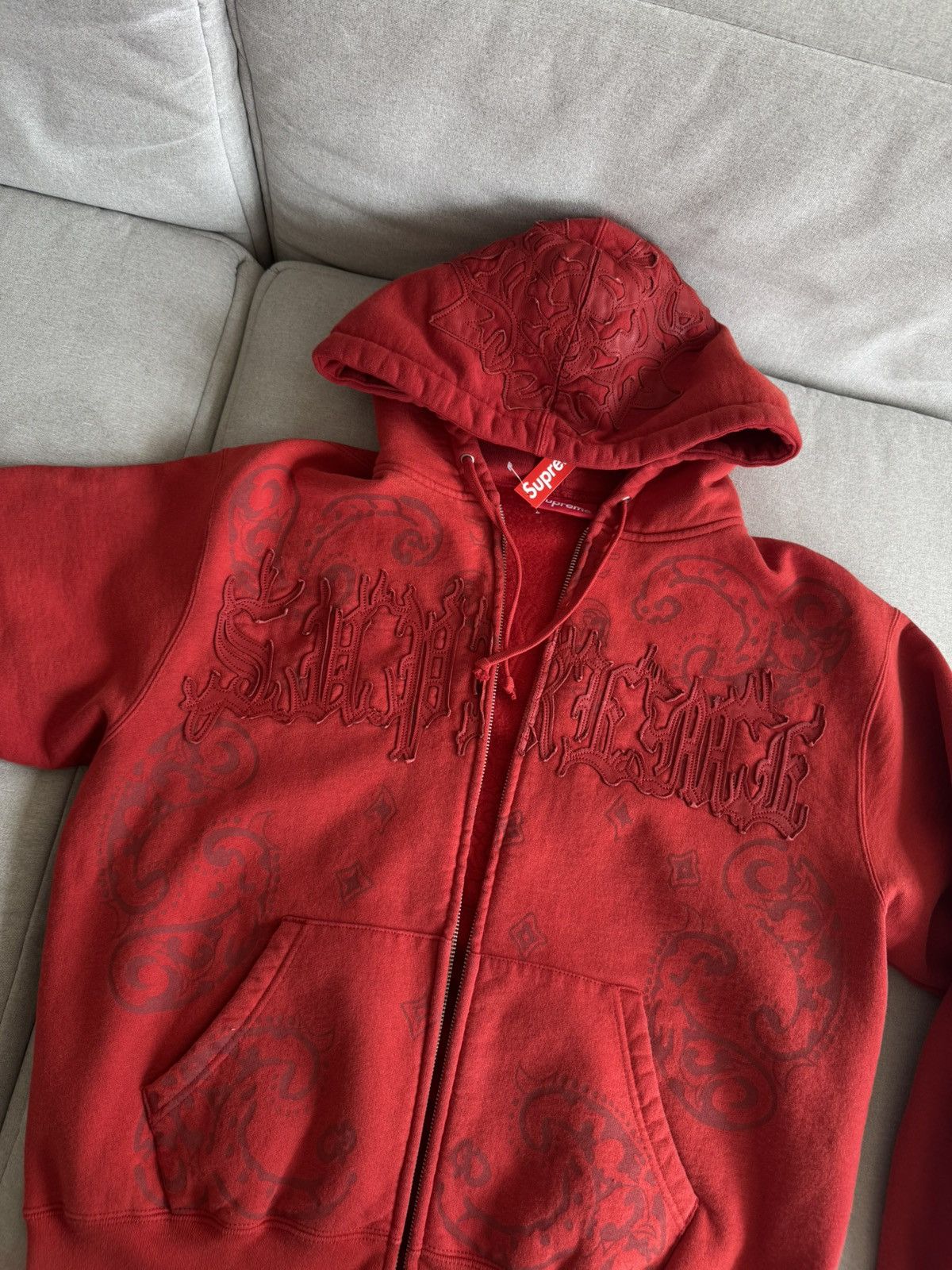 Supreme Leather Applique Zip Up Hooded Sweatshirt Black