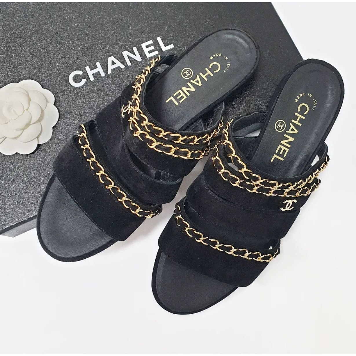 Chanel Chanel Black Suede Chain Open Toe Flat Sandals Sz.38 Size US 7 / IT 37 - 1 Thumbnail
