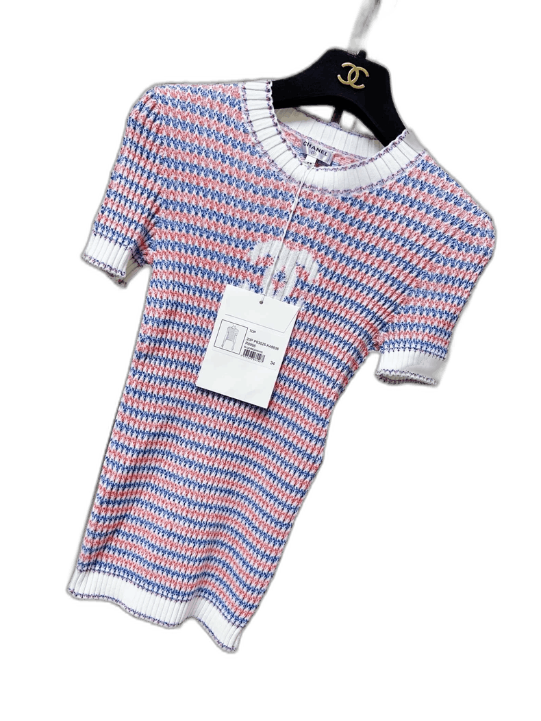 Chanel Chanel Pink Blue Stripe Logo Short Sleeve Top Size S / US 4 / IT 40 - 1 Thumbnail