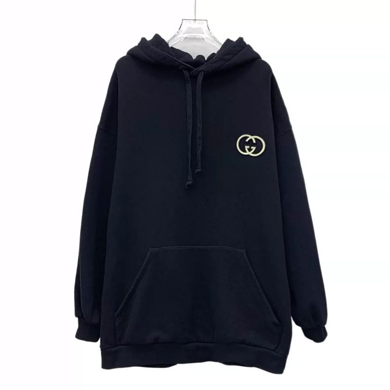 Gucci Black logo embroidered hooded drawstring long-sleeved