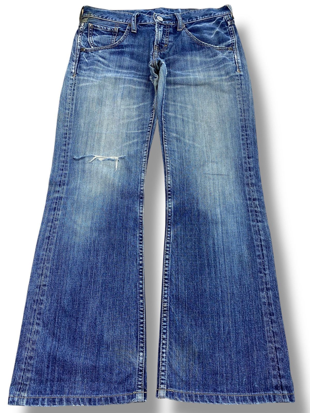Japanese Brand Blue Wash Distress Style Flare Jeans