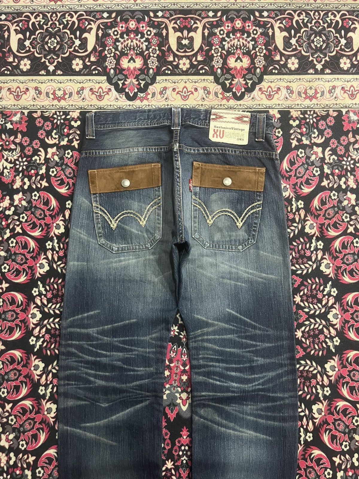 Who Decides War Vintage Edwin XV Double Pocket Blue Washed Whisker Rip Jeans Size US 34 / EU 50 - 6 Thumbnail