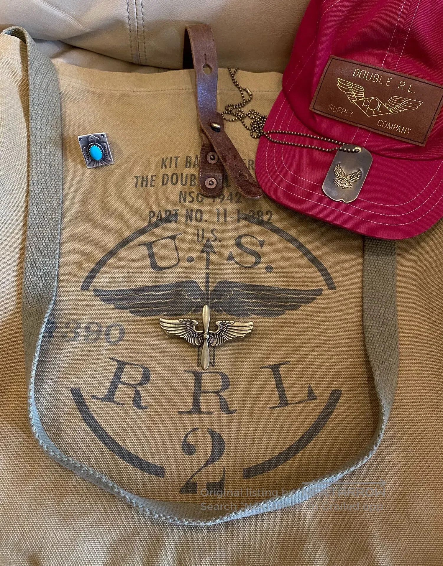 RRL Ralph Lauren vintage olive canvas leather tote bag. Size ONE SIZE - 2 Thumbnail