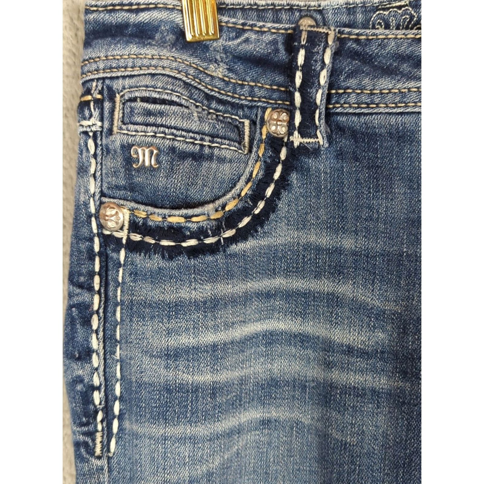 Miss Me Miss Me Jeans Womens 26 Blue Bootcut Denim Low Rise Medium Wash Rhinestone Studded Distressed Flawed Size 26" / US 2 / IT 38 - 2 Thumbnail