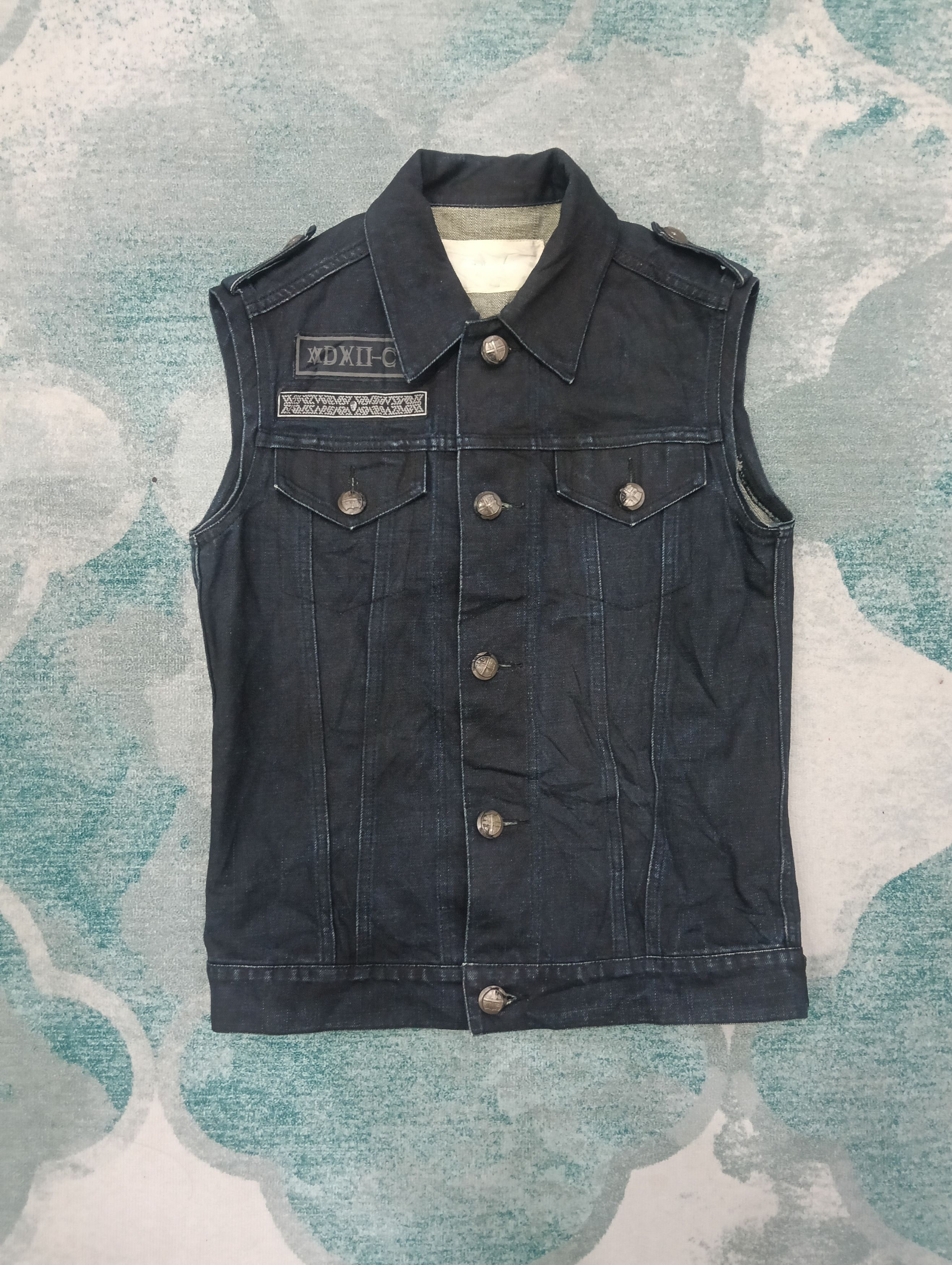 Japanese Brand Advantage Cycle Skulls Vest Denime Jacket Size 38S - 2 Thumbnail