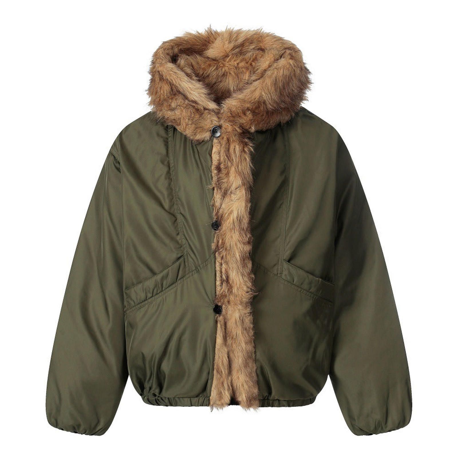 Olive Green Faux Fur Trim Winter Jacket Hooded Coat