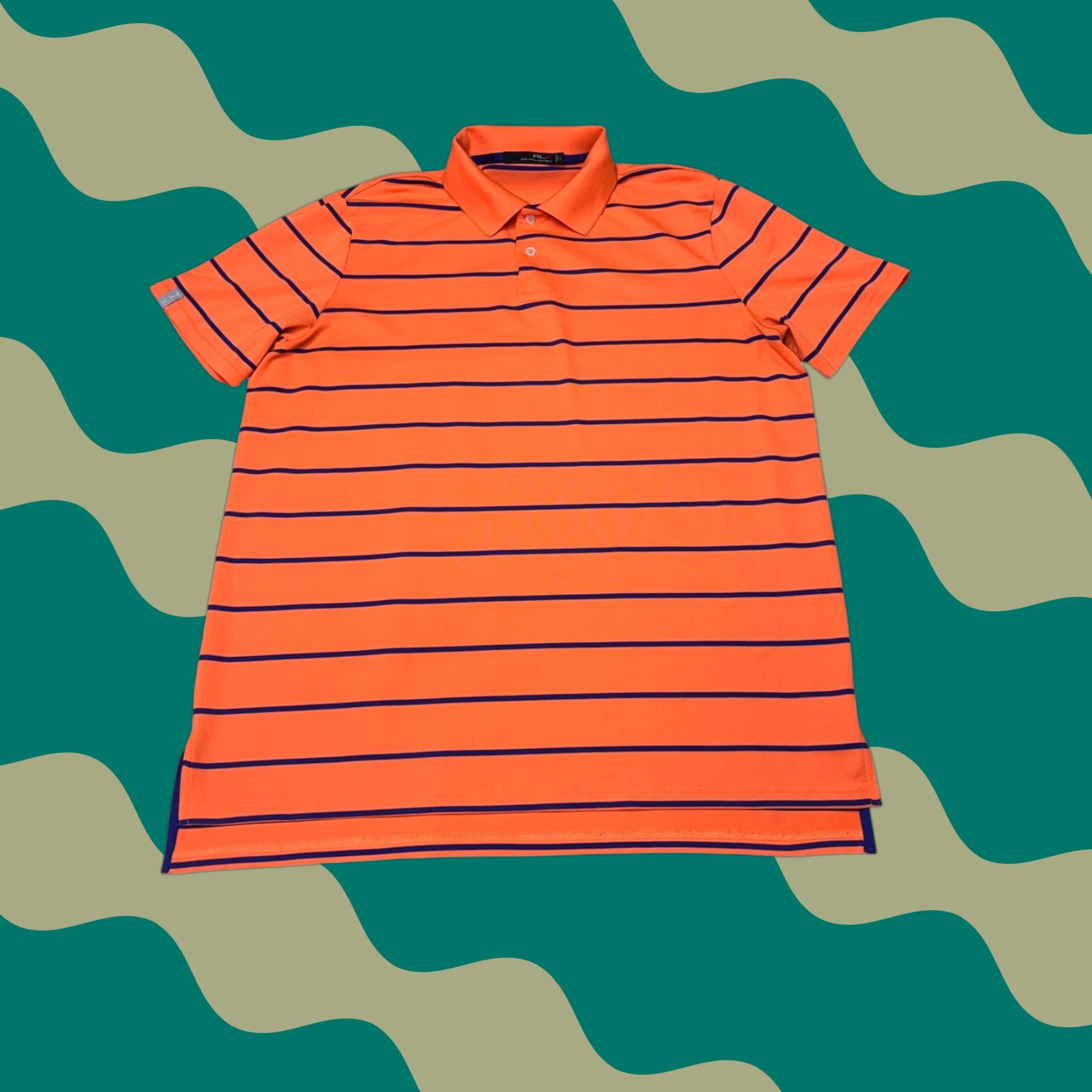 RLX Ralph Lauren RLX Ralph Lauren Mens Large Orange Navy Blue Striped Performance Golf Polo Shirt Size US L / EU 52-54 / 3 - 1 Thumbnail