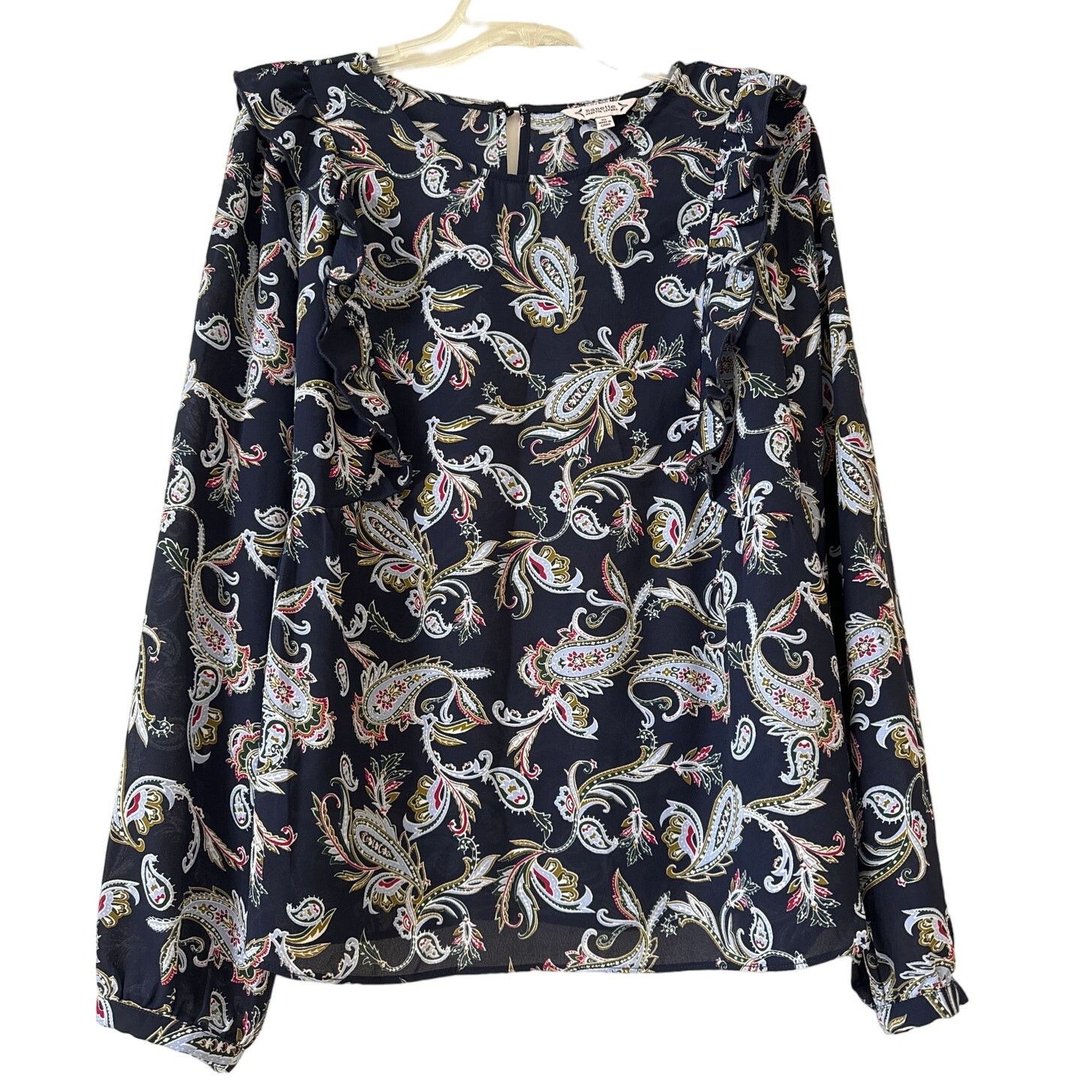 Nanette Lepore Nanette Lepore XL Navy Blue Paisley Top Long Sleeve Ruffles Size XL / US 12-14 / IT 48-50 - 1 Thumbnail
