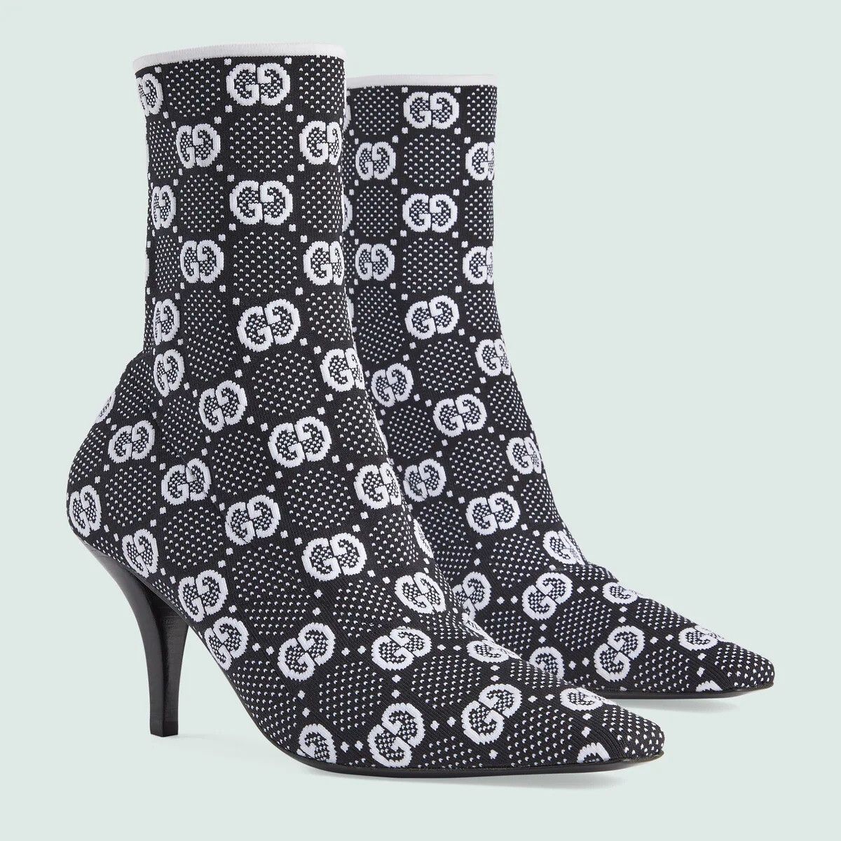 Gucci o1s1wg110425 Women's GG knit Ankle Boots in Black & White Size US 4 / IT 34 - 2 Thumbnail