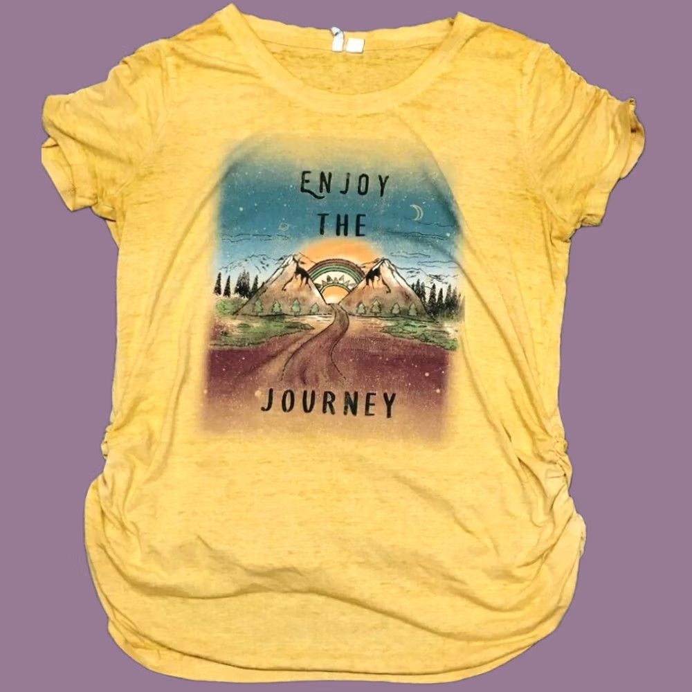 Vintage VINTAGE C Est. 1946 T-Shirt Womens S Yellow Enjoy The Journey Graphic Crew Neck Ruched Size S / US 4 / IT 40 - 1 Thumbnail