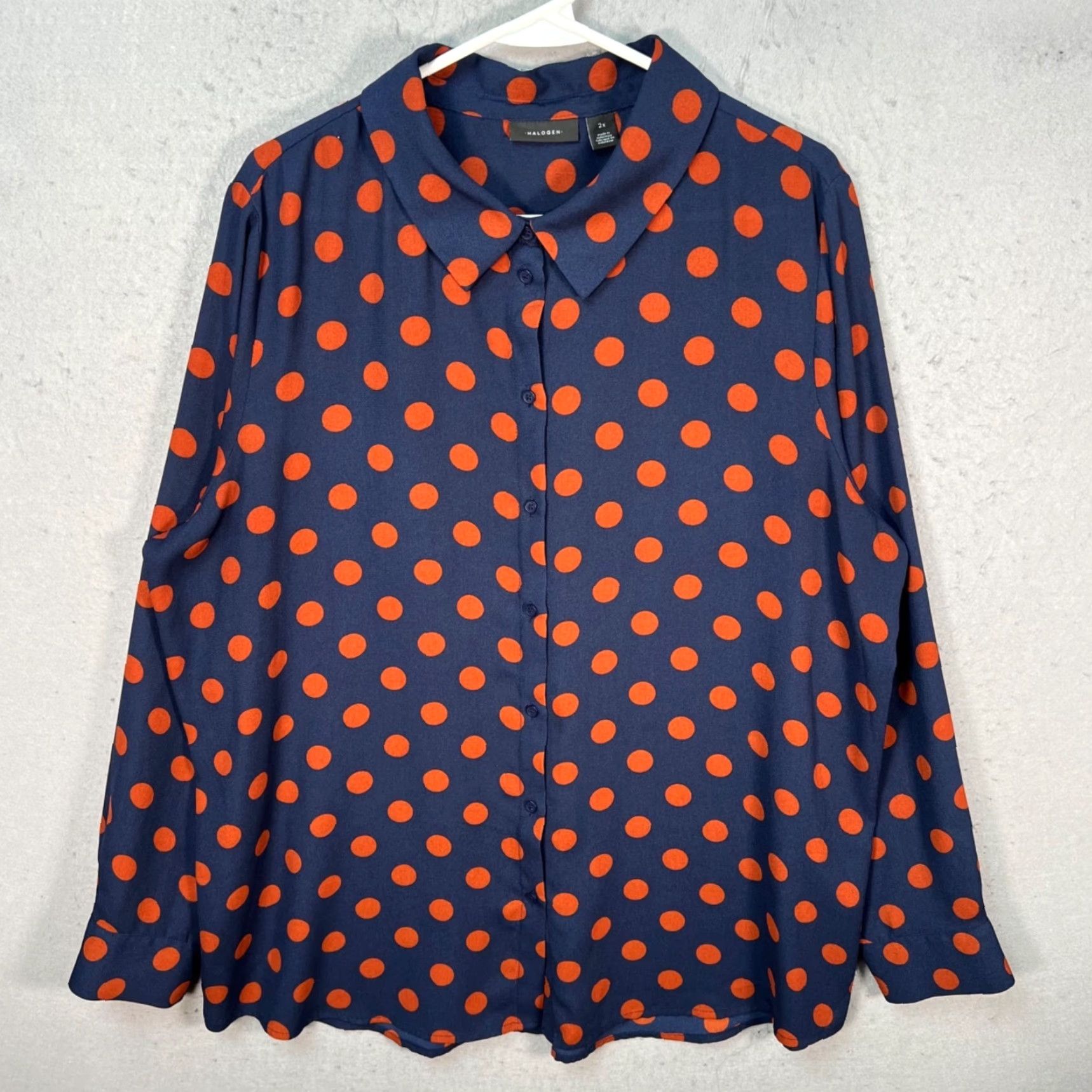 Vintage Halogen Blouse Womens 2X Blue & Orange Polka Dot Button-Up 100% Polyester Size XXL / US 16-18 / IT 52-54 - 2 Thumbnail