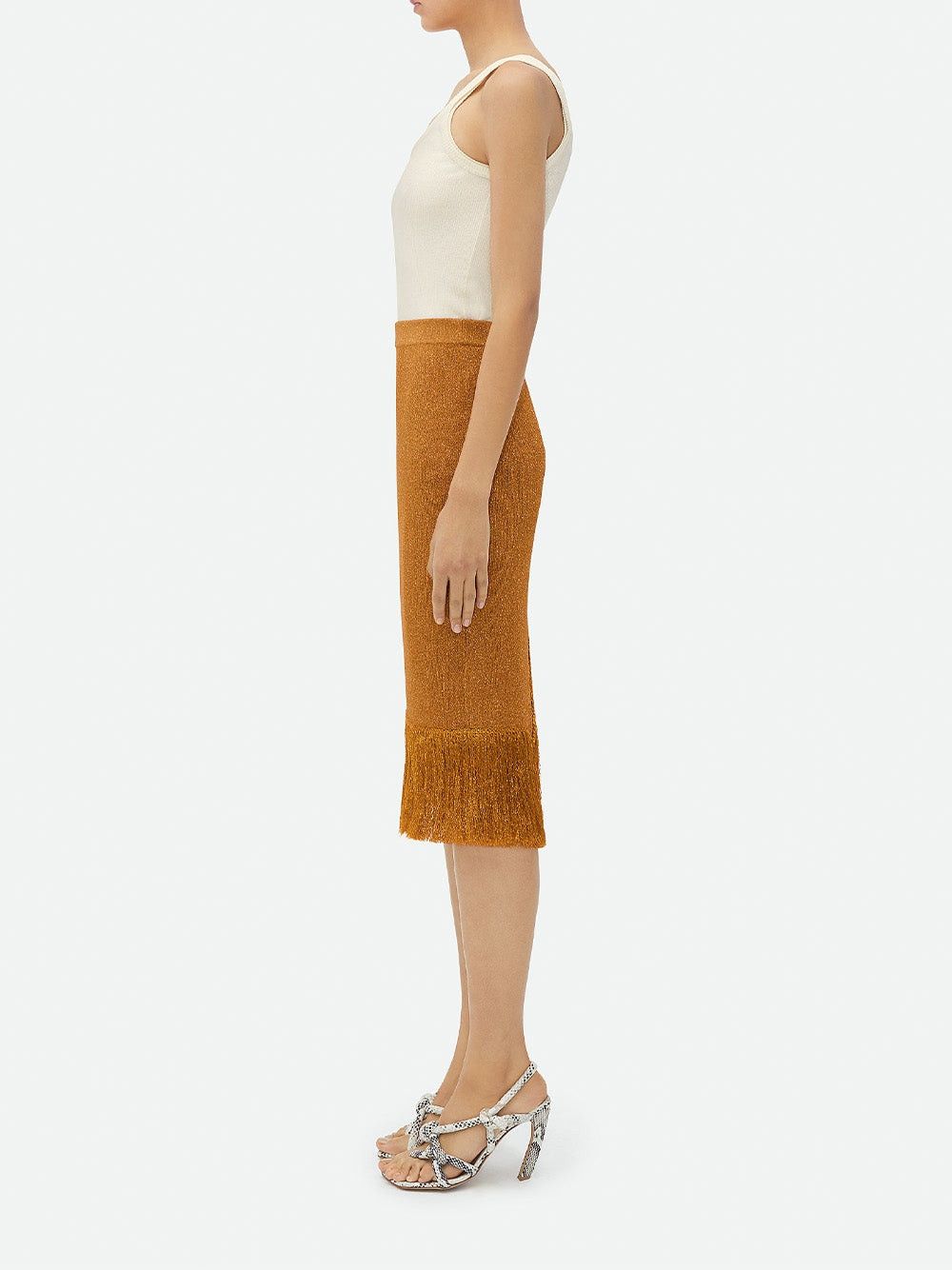 Bottega Veneta o1bcso1str0725 Fringed Hem Lurex Ribbed Midi Skirt Mustard Size 34" / US 12 / IT 48 - 4 Thumbnail