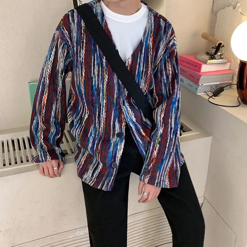 image of Harajuku Stripped Pattern Knit Cardigan Sweater in Mix, Men's (Size XL)