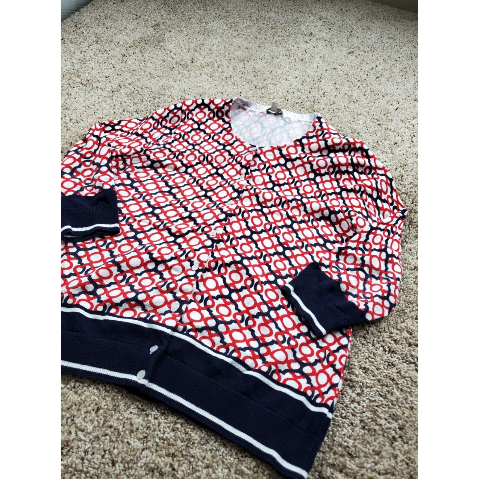 Talbots Talbots Sweater Womens XL Geometric Print Crew Neck Button Up Top Ribbed Trim Raglan Sleeve All Seasons Casual Size XL / US 12-14 / IT 48-50 - 2 Thumbnail