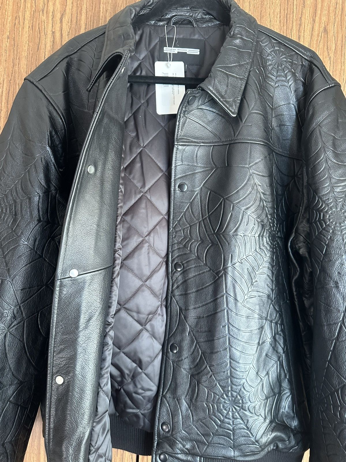 Sp5der Sp5der Black Debossed Web Leather Jacket Size US XXL / EU 58 / 5 - 5 Thumbnail