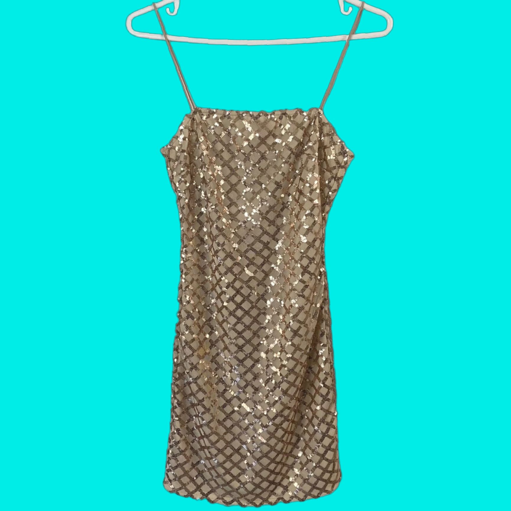 PrettyLittleThing VINTAGE Pretty Little Thing Rose Gold Strappy Sequin Dress Bodycon Straight Womens O Size XS / US 0-2 / IT 36-38 - 1 Thumbnail