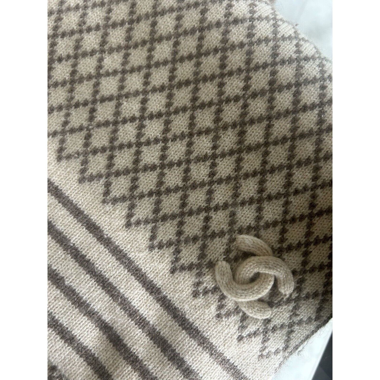 CHANEL Milk tea Beige CC Logo Cashmere Scarf Wrap Stole