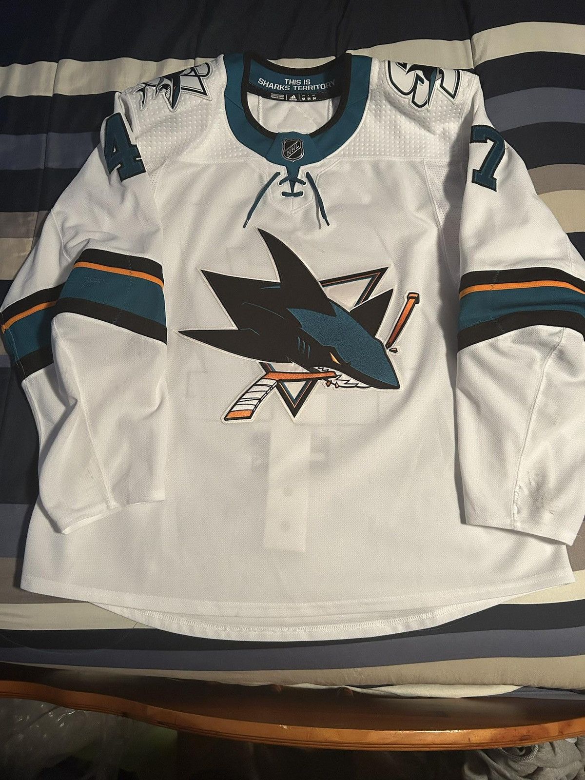 image of Adidas Joakim Ryan San Jose Sharks Game Worn Away 18-19 Mic Jersey in White, Men's (Size Large)