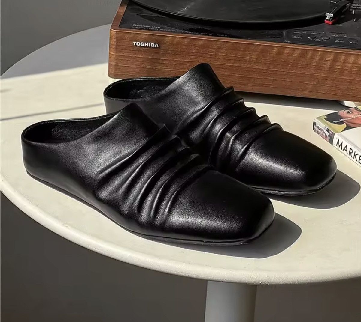 Black Genuine Leather Slouch Mules