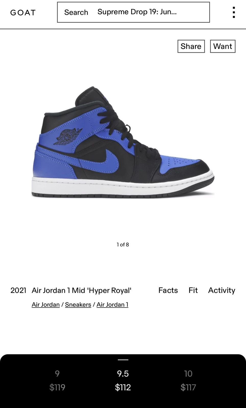 Jordan Brand AIR JORDAN 1 MID BLUE ROYAL BLACK Size US 9.5 / EU 42-43 - 7 Thumbnail