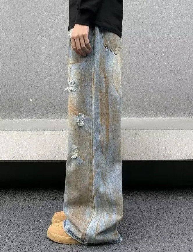 Jean × Vintage Dirty Wash Blue Baggy Distressed Jeans Size US 32 / EU 48 - 5 Thumbnail