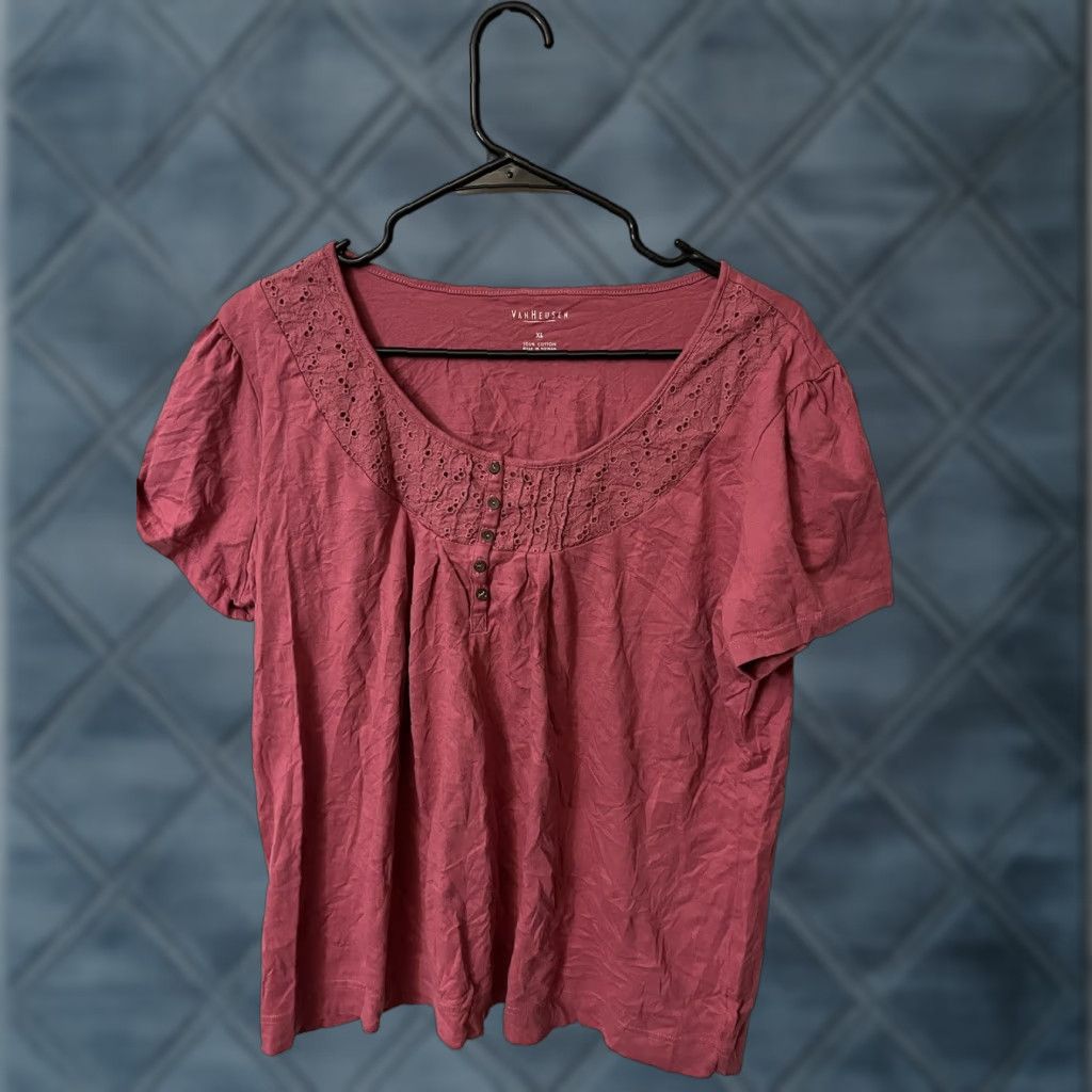 Van Heusen Van Heusen Women's Large Pink Cotton Short Sleeve Henley Blouse Size L / US 10 / IT 46 - 1 Thumbnail