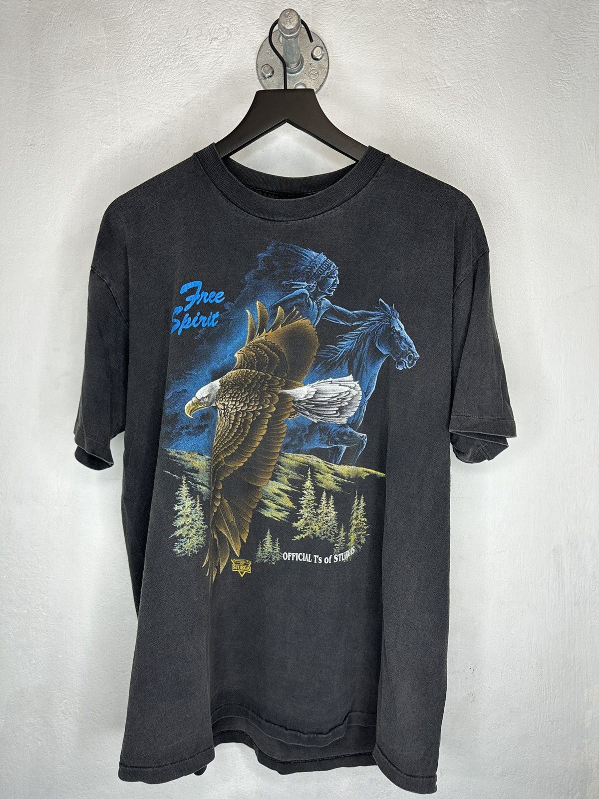 image of Vintage Sturgis Free Spirit Native American Single Stitch in Black, Men's (Size XL)