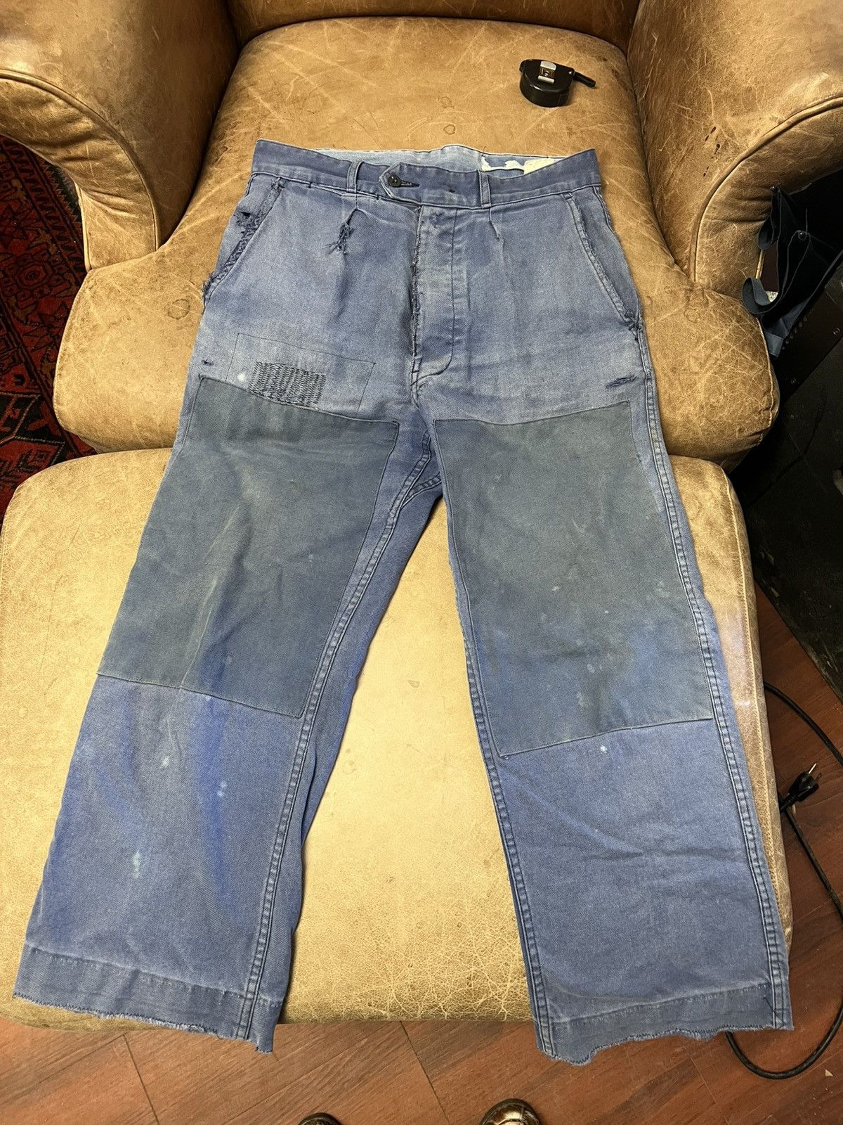 Other Vintage 1950s Repaired French Moleskin Blue Chore Pants Size US 31 - 1 Thumbnail