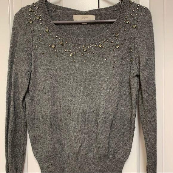 Loft Loft Grey Rhinestone Embellished Crewneck Sweater Small Size S / US 4 / IT 40 - 2 Thumbnail
