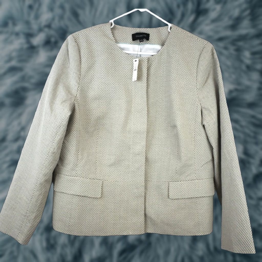 Talbots Blazer Jacket Womens 14 Black White Button Snap Lined NEW Suit Geometric Classic Designer Preppy Basic Jacket