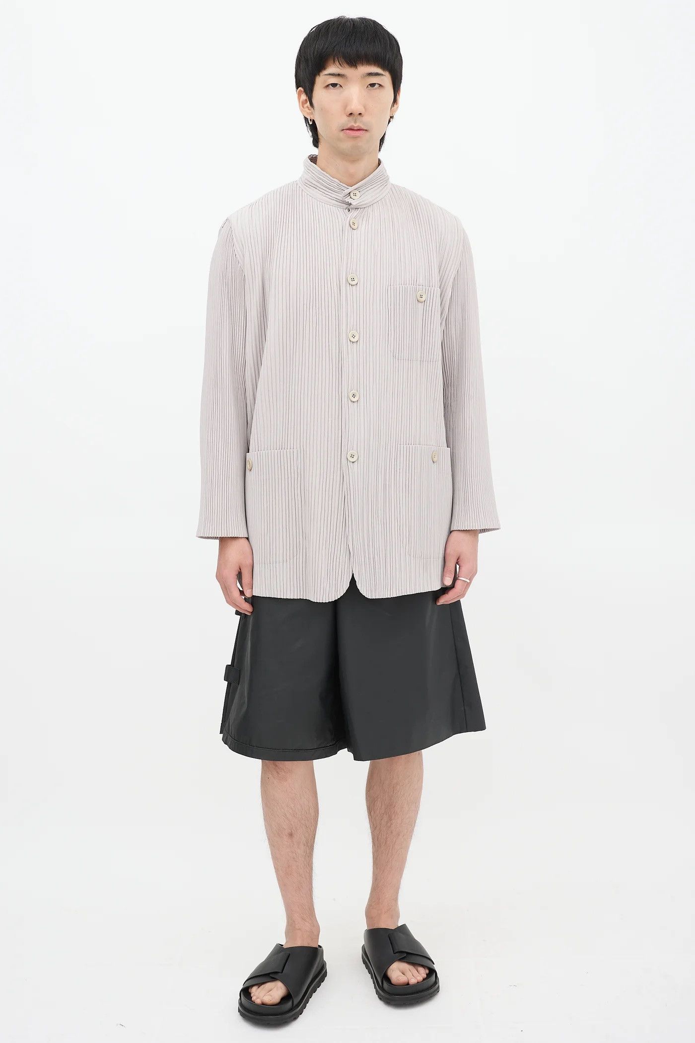 Issey Miyake Issey Miyake Taupe Grey Pleated Three Pocket Jacket Size US L / EU 52-54 / 3 - 8 Thumbnail