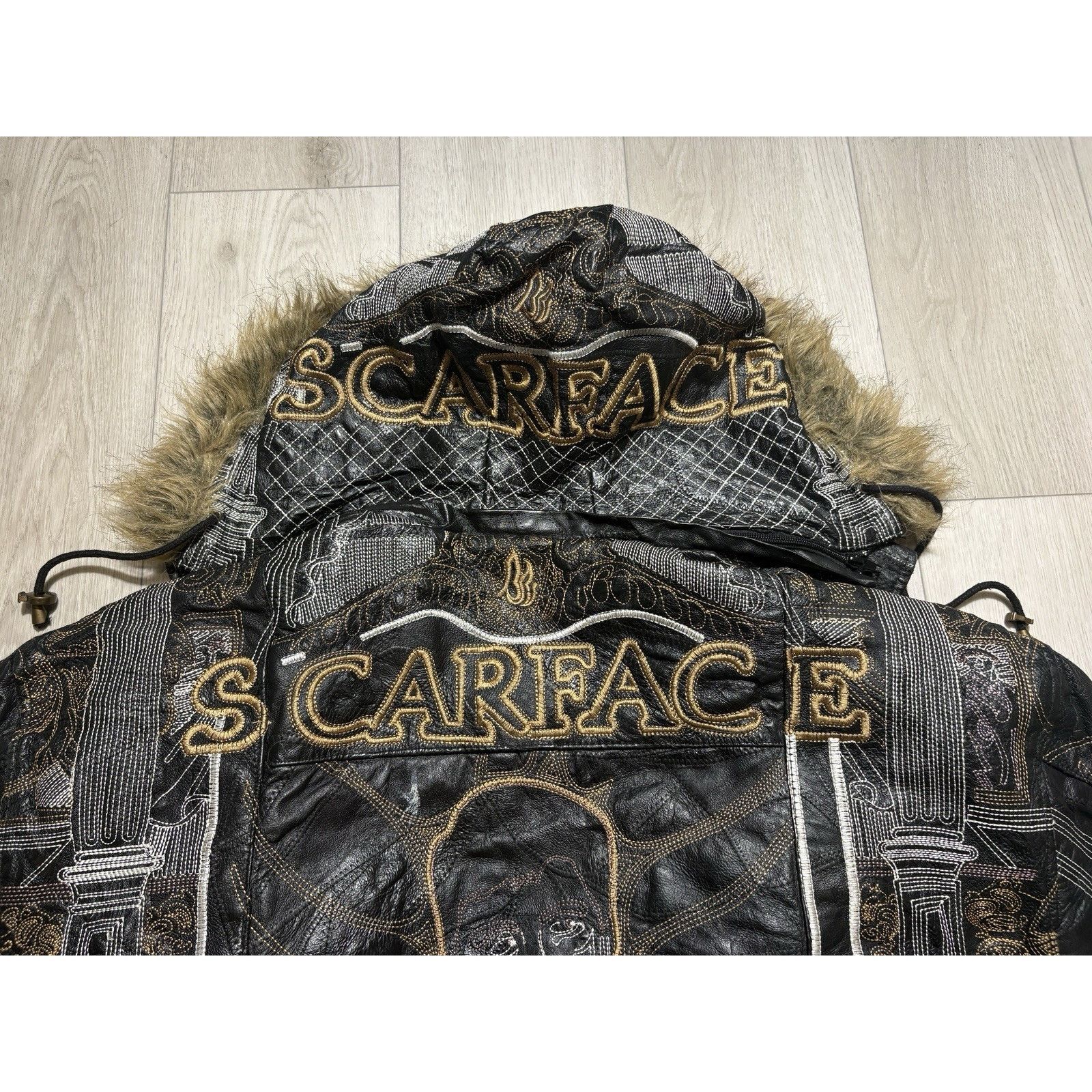 Other Scarface Leather Embroidered Fur Hood Jacket Black Y2K 5XL Size US XXL / EU 58 / 5 - 14 Thumbnail