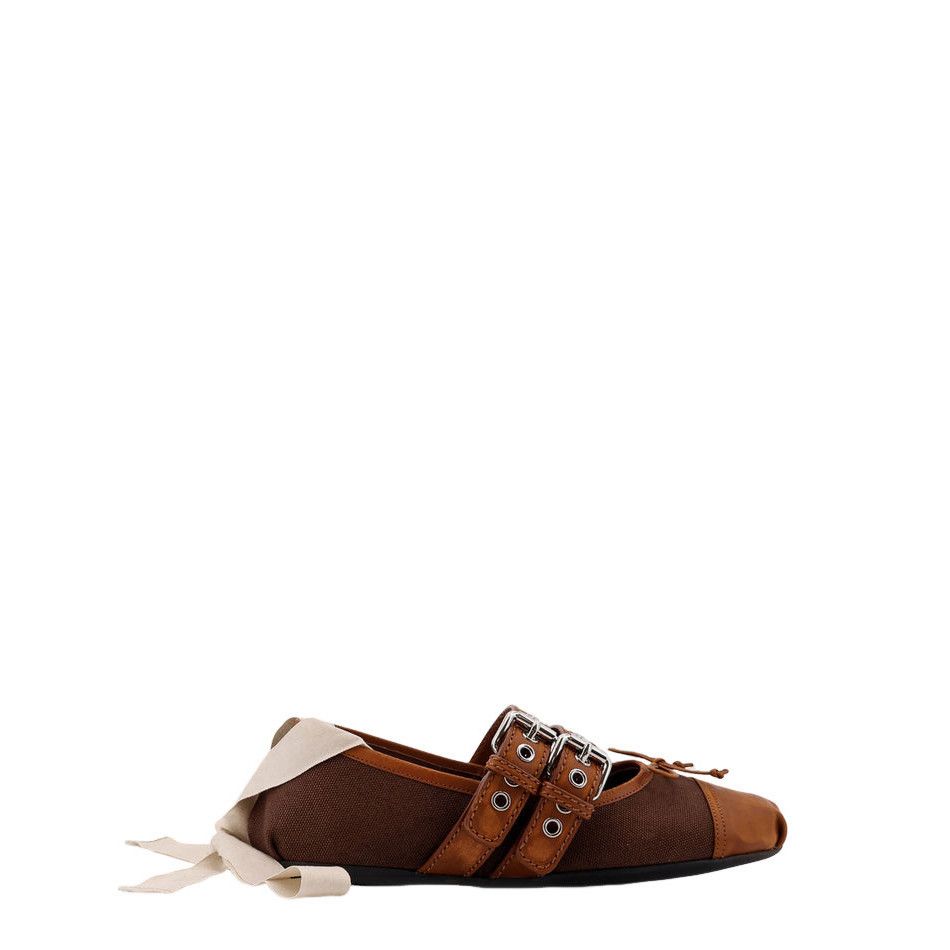 MIU MIU $1200 Brown Canvas And Calf Leather Ballerinas New &