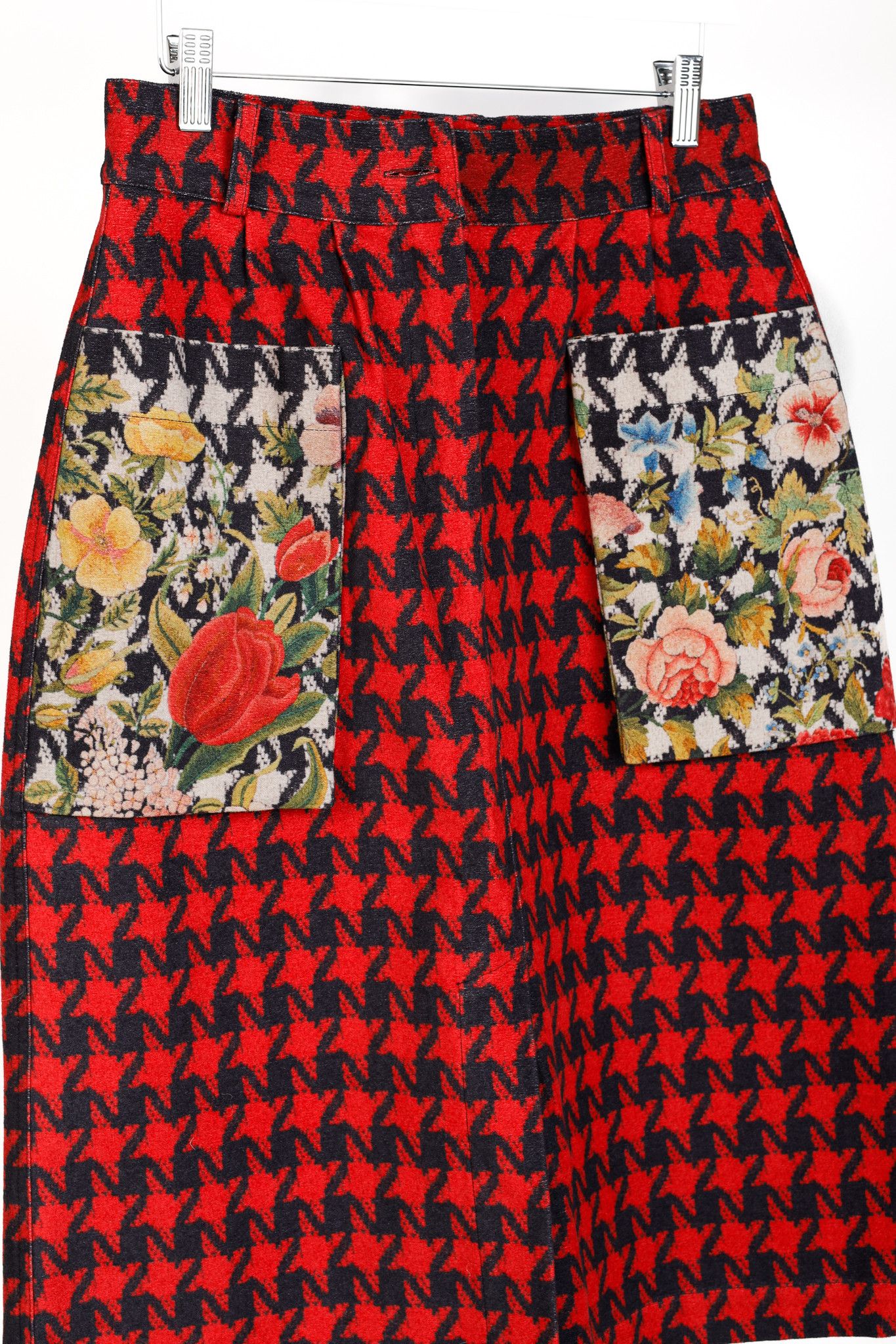Pierre-Louis Mascia Pierre Louis Mascia Red Houndstooth & Floral Pencil Skirt Size 30" / US 8 / IT 44 - 3 Thumbnail