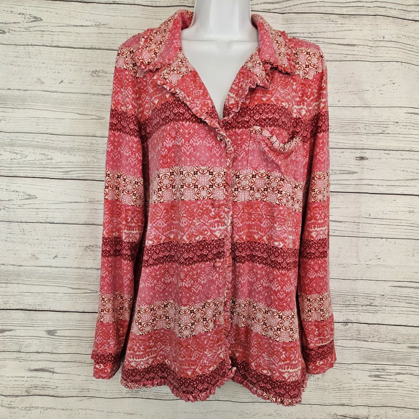 Soft Surroundings Soft Surroundings Womens Pajama Top Long Sleeve Button Up Sz Large Pink Color Red Size L Size L / US 10 / IT 46 - 2 Thumbnail