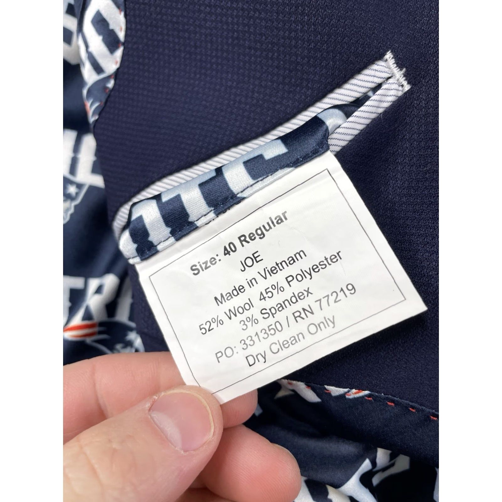 Joseph Abboud NWT New England Patriots x Joseph Abboud Blazer Jacket Slim Wool Blend 40R NFL Blue Patriot Sports Solid Two-Button Notch Lapel Slim Fit Mens Size 40R - 5 Thumbnail