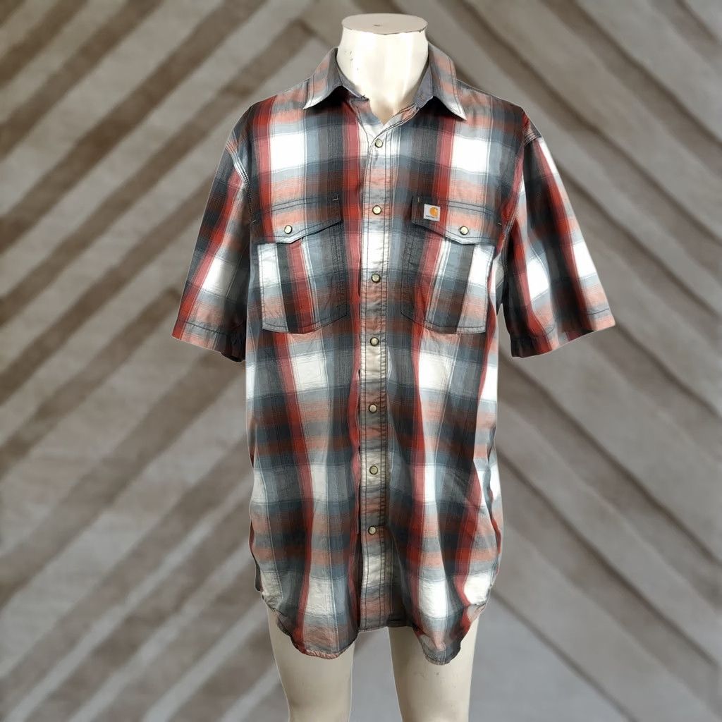 Carhartt Carhartt Mens Relaxed Fit Short Sleeve Plaid Shirt Red Gray L T Size US L / EU 52-54 / 3 - 1 Thumbnail