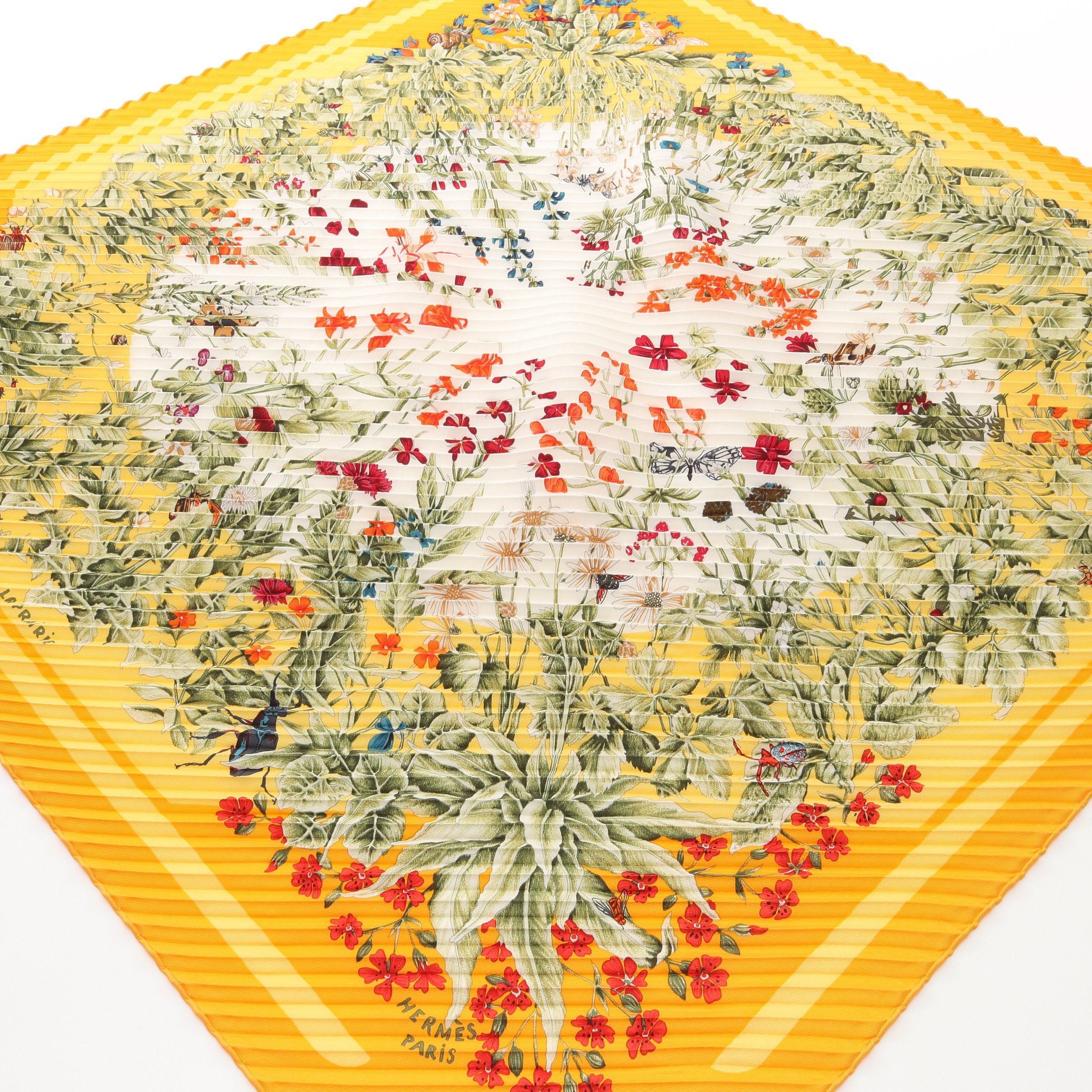 Hermes Hermes Caleprise La Prairie Scarf Pleats Silk White Orange Multicolor Size ONE SIZE - 1 Thumbnail
