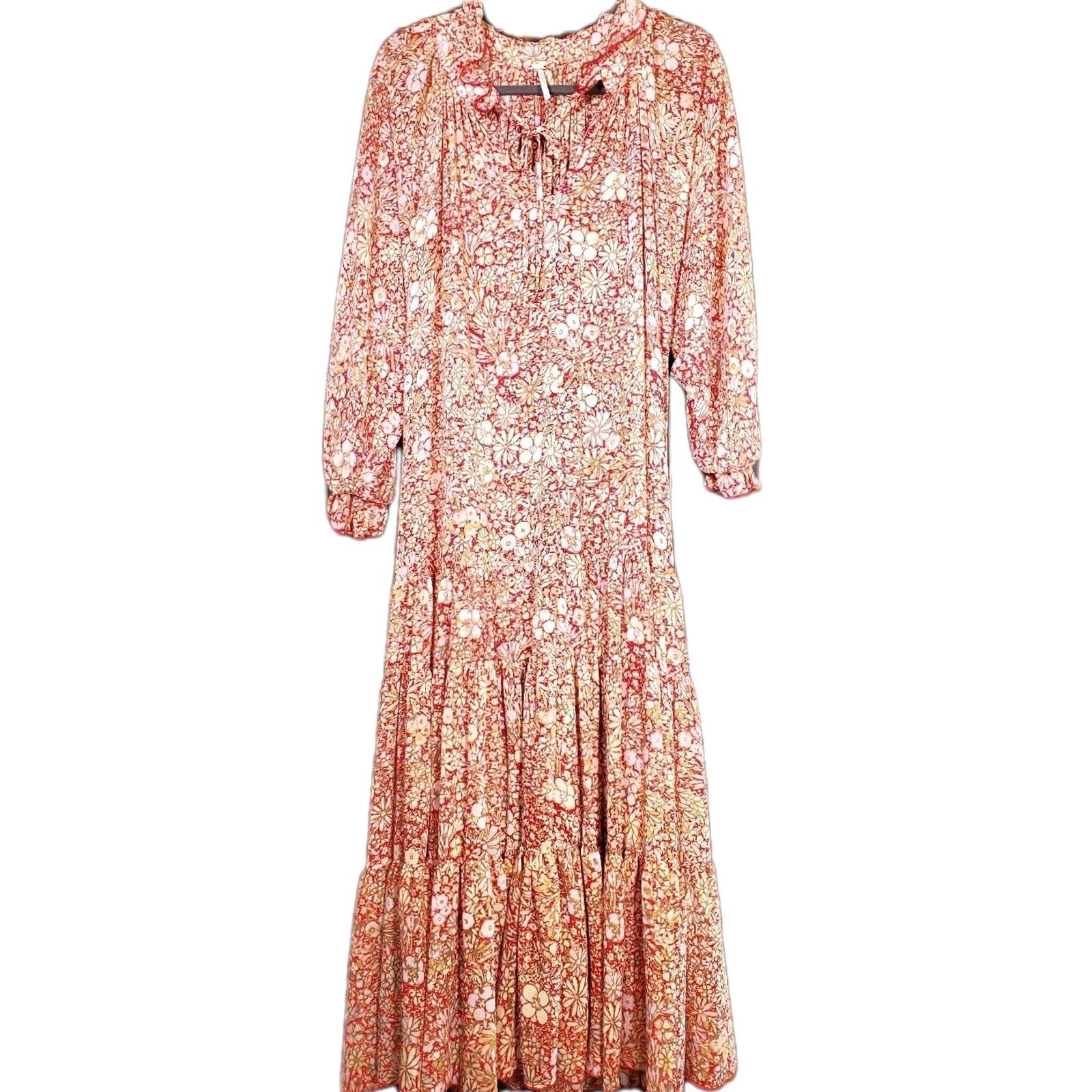 Free People Free People Feeling Groovy Maxi Dress Long Sleeve Multicolor Red Floral Chiffon Women's Size S Size S / US 4 / IT 40 - 5 Thumbnail