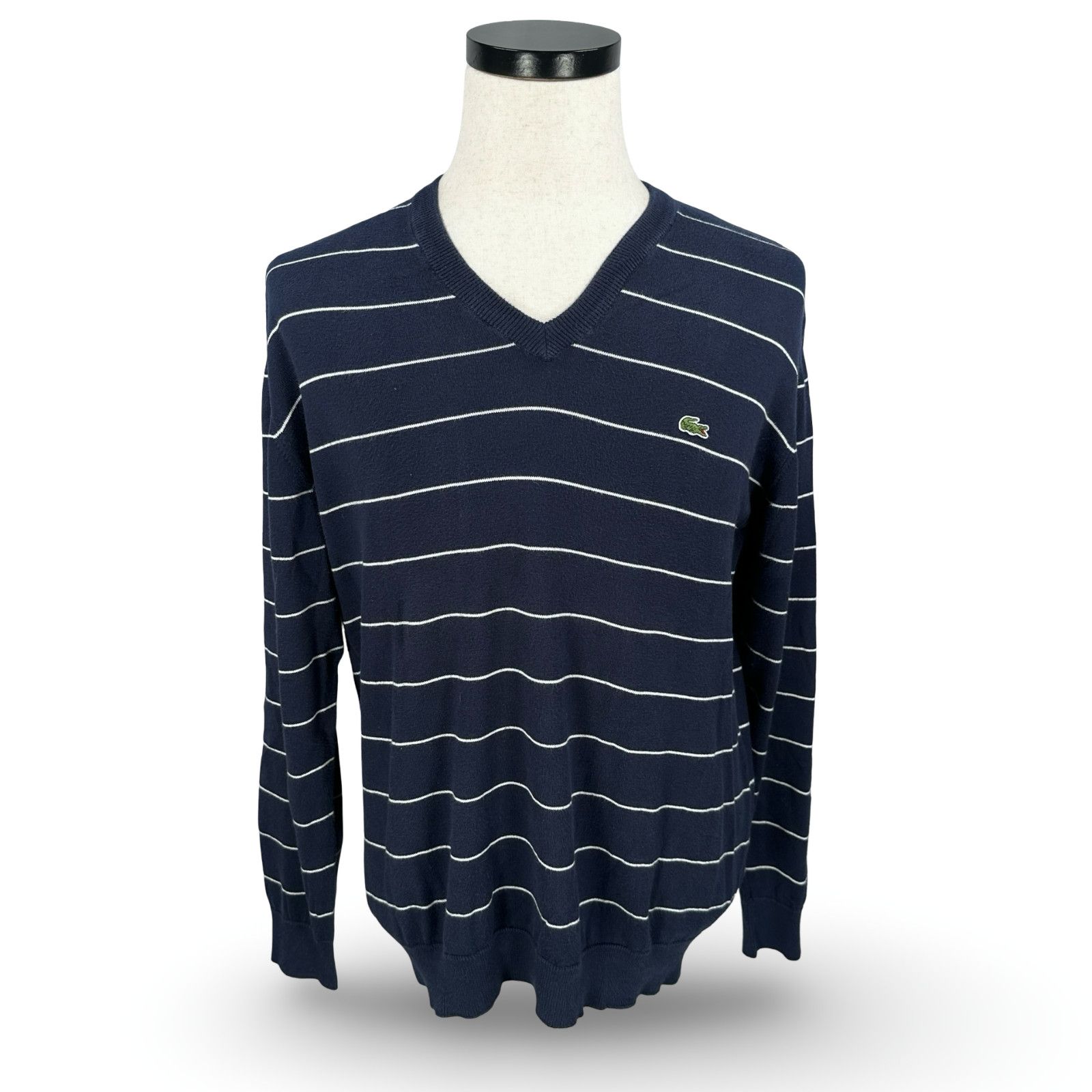 Lacoste Lacoste Sweater Men 6 Blue White Striped Cotton V-Neck Logo Size US L / EU 52-54 / 3 - 1 Thumbnail